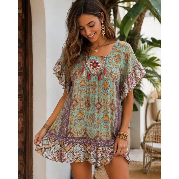 Sand & Spirit Tops - India Cotton Boho Tunic Dress Large Beaded Tassel Beachy Festival Top